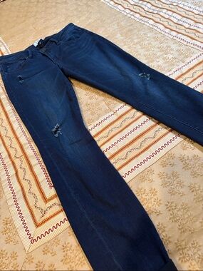 CAbi Dark Blue Straight Skinny Jeans with Subtle Distress, Cotton Blend, size 4